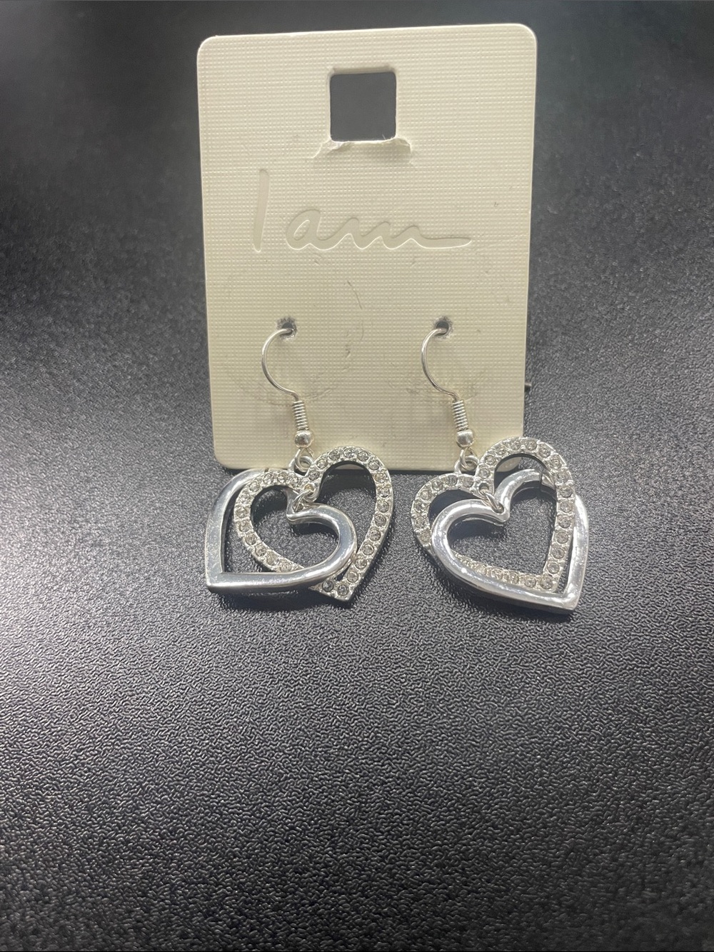 Silver Double Heart Drop Earrings with Clear Rhinestones